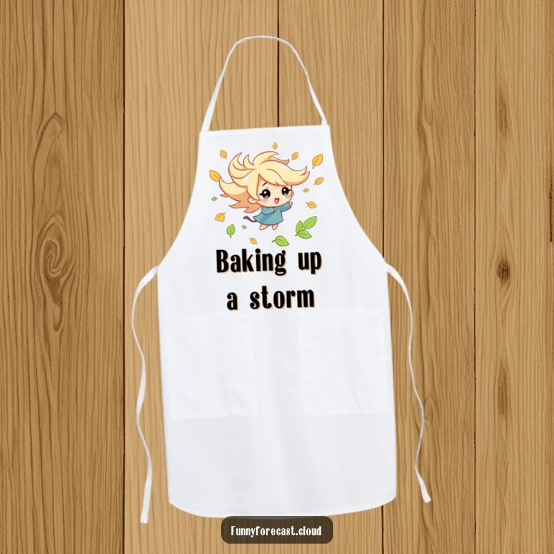 Funny kawaii wind character apron, playfully blowing leaves in a kitchen setting, cheerful and humorous cooking accessory.