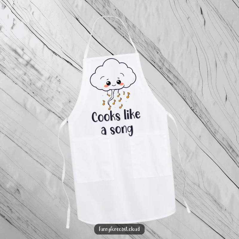 Funny kawaii thundercloud character apron, releasing happy musical notes in a kitchen setting, humorous and musical accessory.