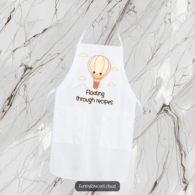 Funny Kawaii Hot Air Balloon Apron featuring a cute character floating above, perfect for kitchen tasks and adding humor.