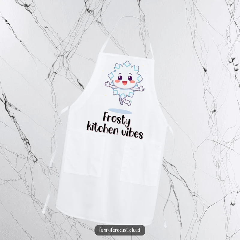 Funny apron featuring a happy snowflake character doing a joyful twirl, leaving a trail of sparkles, perfect for kitchen use.