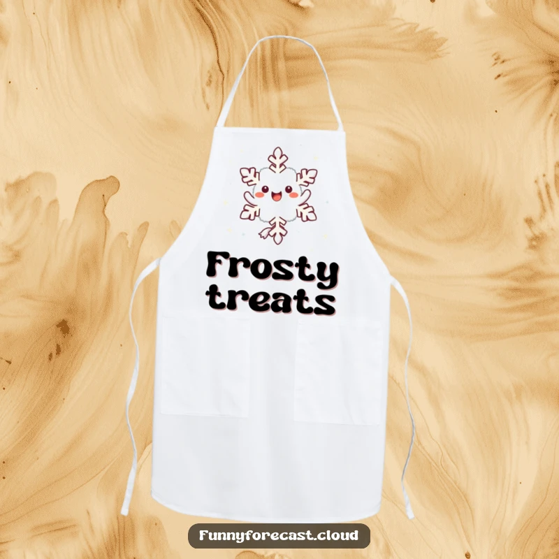 Funny kawaii snowflake character twirling, perfect for a humorous apron.