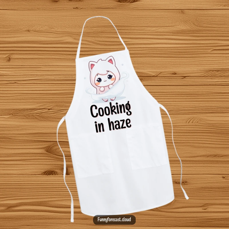 Funny kitchen apron featuring a fog character playfully peeking from a misty swirl, adding a touch of fun.