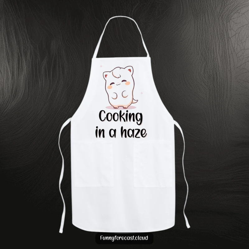 Funny fog character playfully peeking from behind a misty swirl, a practical and humorous apron for kitchen fun.