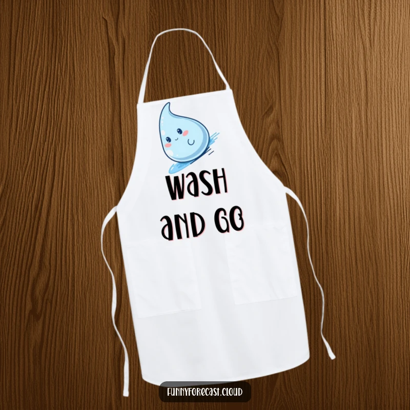 Funny kawaii raindrop character sliding fast, perfect for a humorous apron.