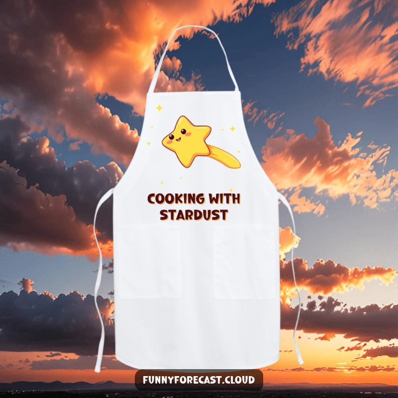 Funny kawaii shooting star character apron, zooming with a trailing giggle in a kitchen setting, humorous and whimsical accessory.