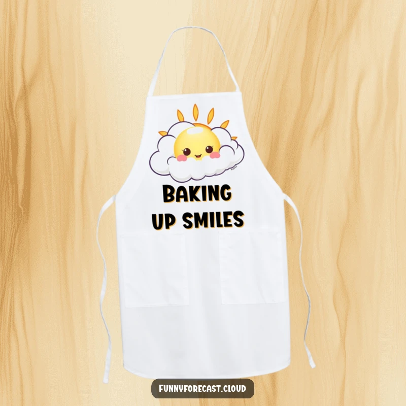 Funny kawaii sun peeking from behind a giggling wind cloud, a humorous apron for kitchen or cheerful themes.