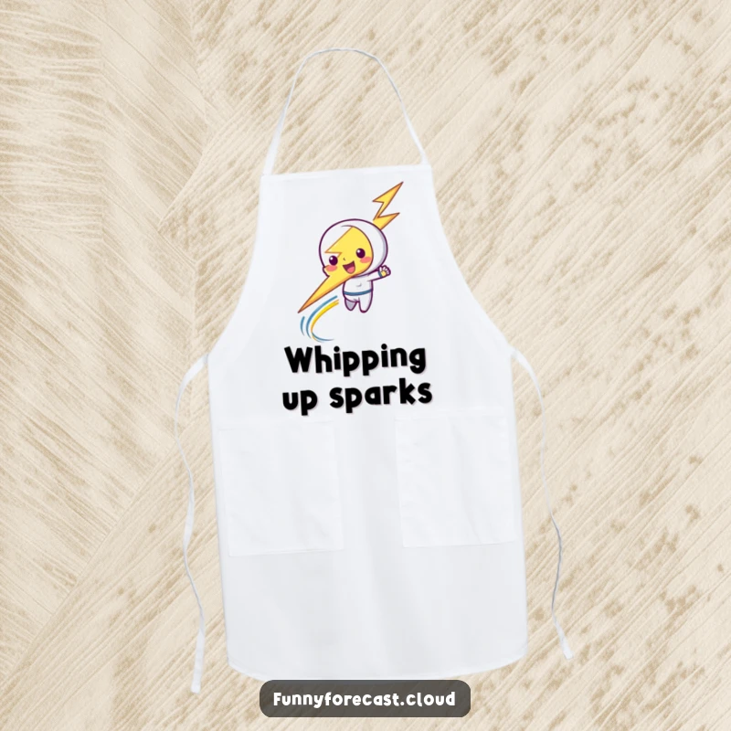 Funny kitchen apron depicting a playful lightning bolt character zipping, ready to add energy to meal prep.