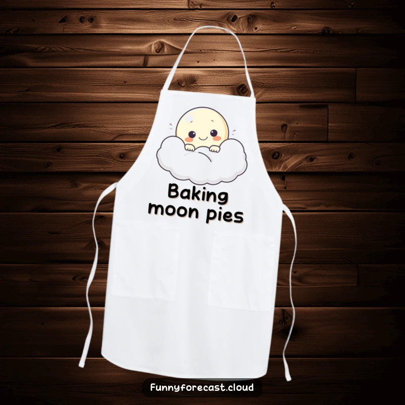 Funny kitchen apron featuring a smiling moon character peeking from a fluffy cloud, adding celestial charm.