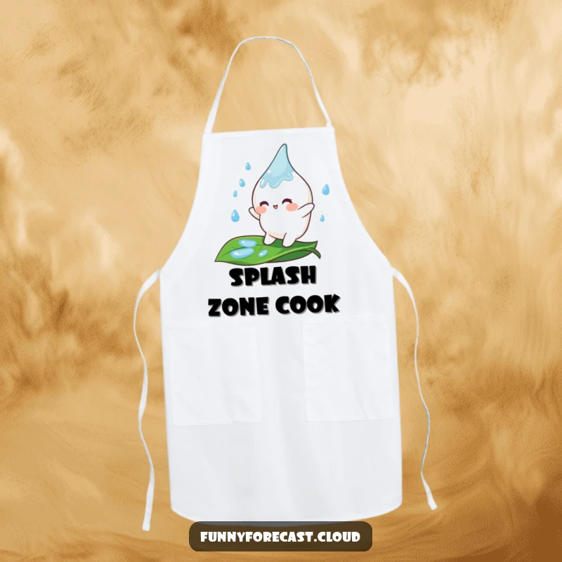 Funny Apron showcasing a cheerful raindrop character happily bouncing on a leaf, perfect for a joyful cooking experience.