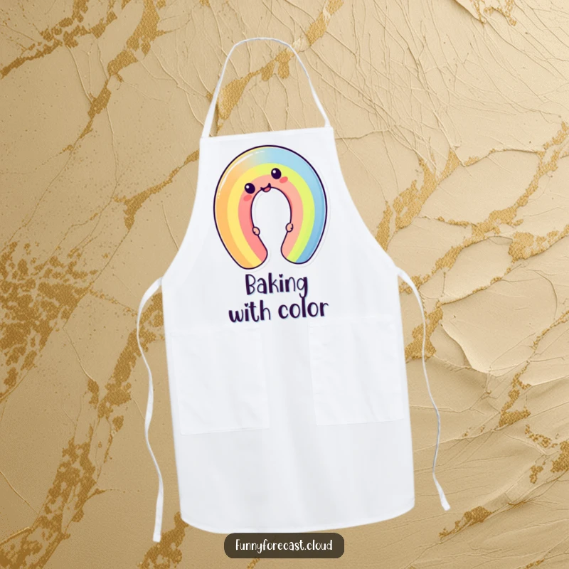 Funny cheerful kawaii rainbow character bending into a silly shape. A humorous and practical apron.