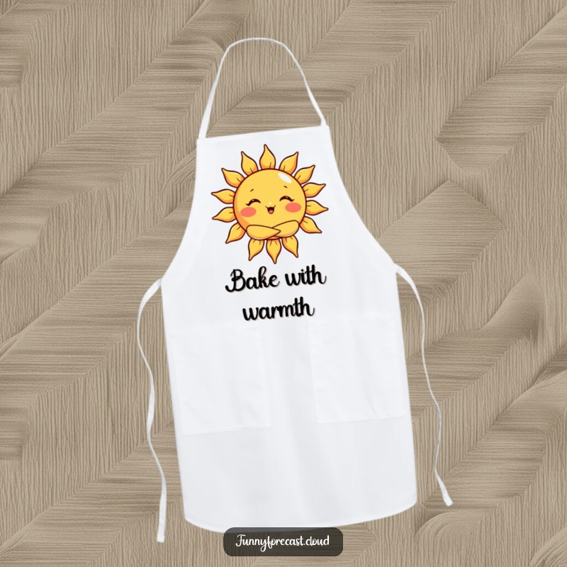 Funny apron with a sun character giving a big warm hug, for cheerful cooking.