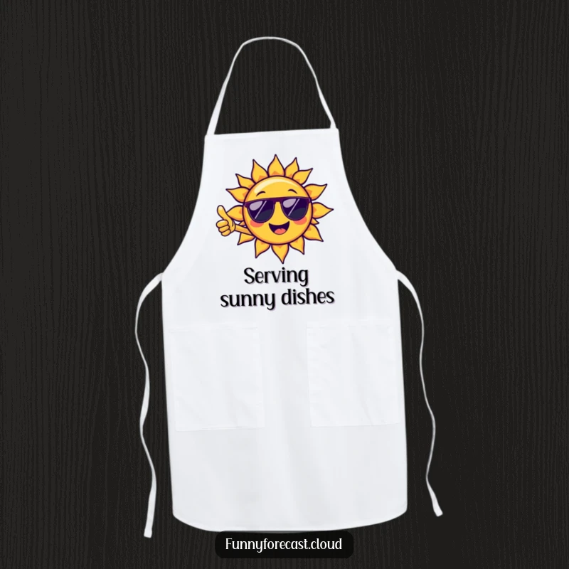 Funny kitchen apron with a cheerful sun character in sunglasses giving a thumbs-up, ideal for cooking and funny gift lovers.