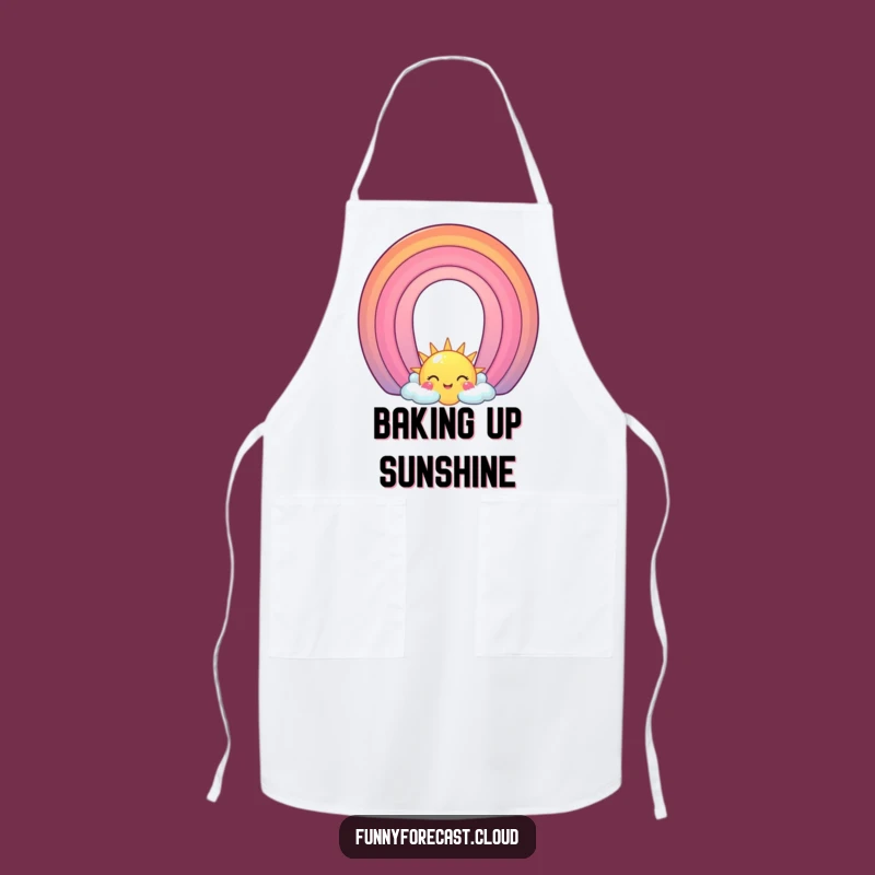 Make kitchen time more cheerful with this funny apron! It features a smiling sun and a vibrant rainbow character, adding a splash of fun to your culinary adventures.