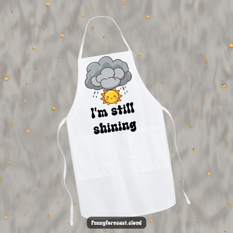 Funny Sun and Storm Cloud Apron showing a sun peeking from a storm cloud, a cheerful and practical kitchen accessory.