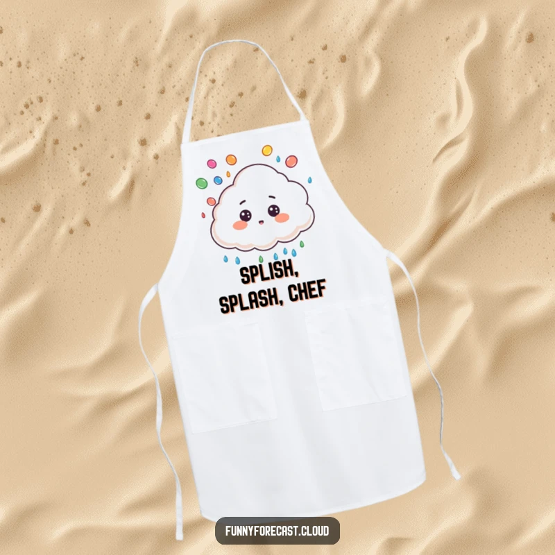 Funny apron with a cute cloud character, surprised expression, juggling colorful raindrops, perfect for kitchen fun.