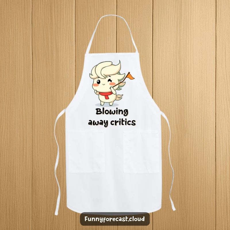 Funny kitchen apron with a wind character with puffed cheeks merrily blowing a flag, ideal for cooking and funny gift lovers.