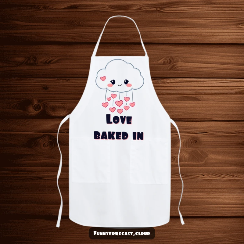 Funny apron with a happy raincloud character pouring hearts, for loving cooks.