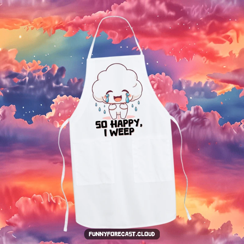 Funny Happy Rain Cloud Apron showing a cloud crying tears of joy, perfect for adding cheer to kitchen activities.