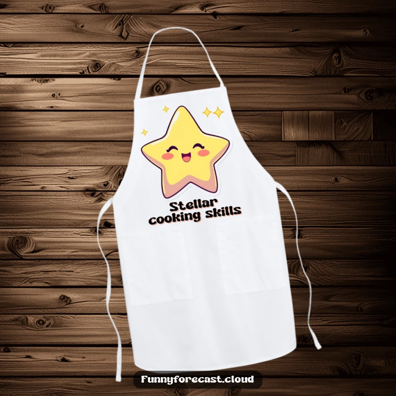Funny star character twinkling with an excited sparkle, a practical and humorous apron for kitchen enthusiasts.