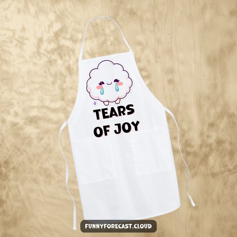 Funny apron with a smiling fluffy cloud character crying vibrant rainbow tears, for a cheerful cook.