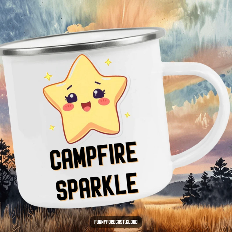 Funny enamel camping mug showcasing a twinkling star character with an excited sparkle, ready for adventures.