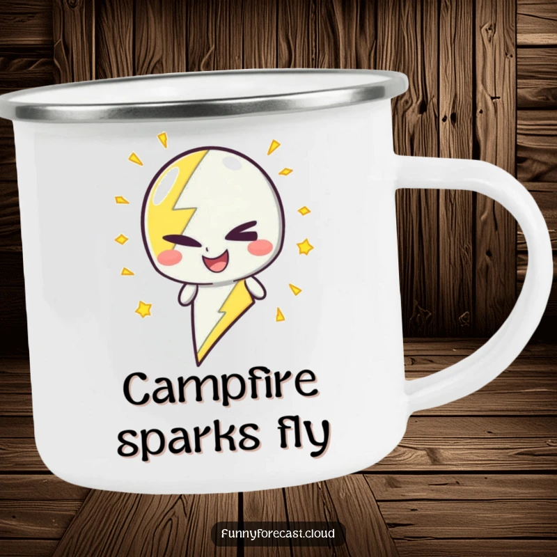 Funny Camping Mug: A lightning bolt character winking with crackling energy, great for outdoor use.