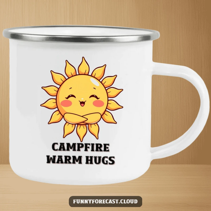 Funny enamel camping mug with a sun character giving a big warm hug, for sunny adventures.