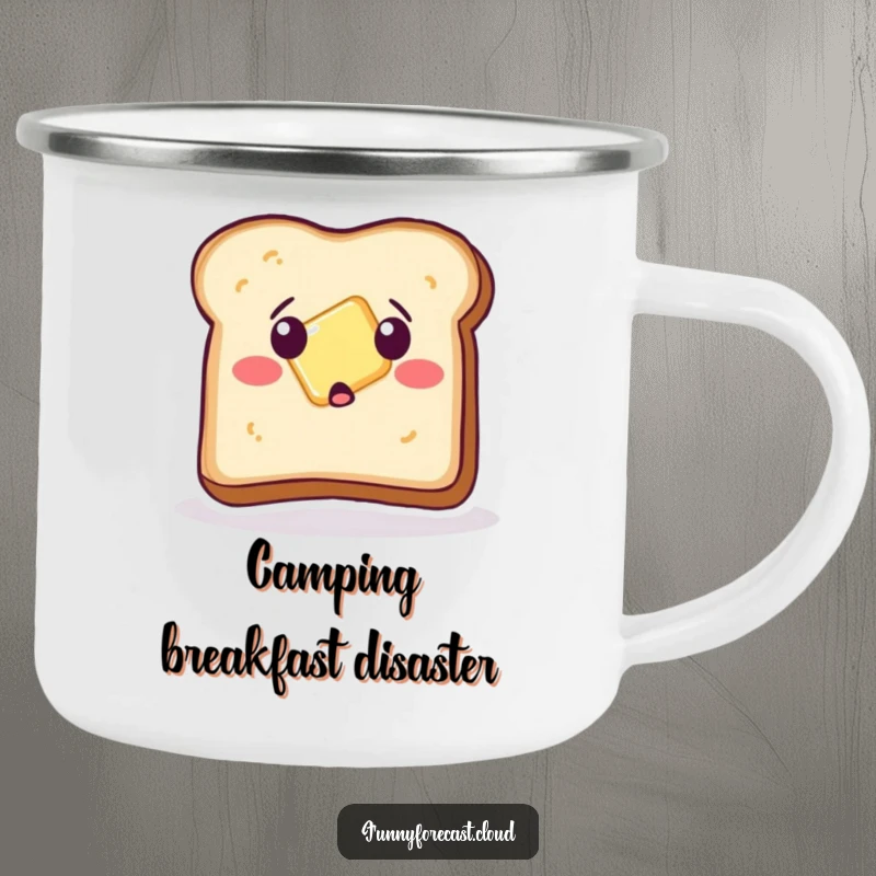 Funny Camping Mug: A durable mug featuring a surprised toast slice with sliding butter, ready for outdoor enjoyment.