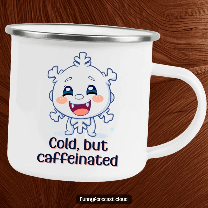 Funny camping mug featuring a shivering snowflake character, chattering teeth, ready for outdoor adventures with a humorous winter twist.