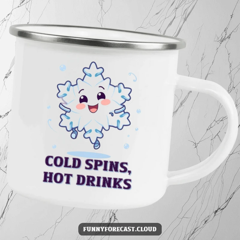 Funny camping mug featuring a dizzy, delighted snowflake character, perfect for sipping hot drinks during outdoor escapades.