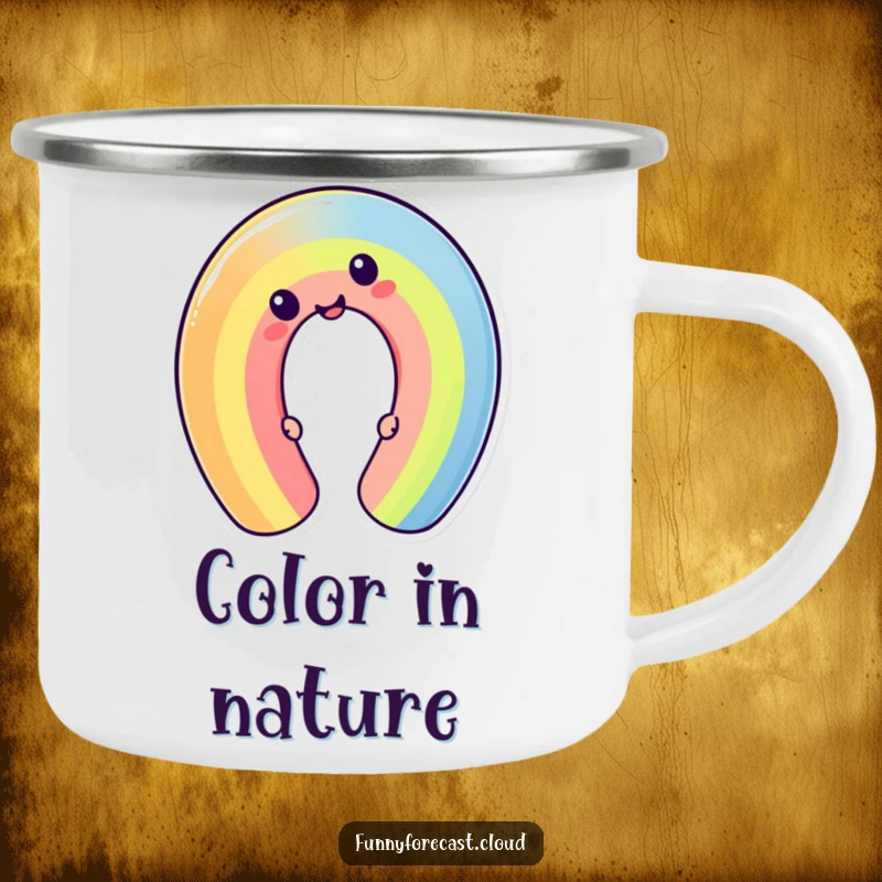 Funny cheerful kawaii rainbow character bending into a silly shape. A humorous and rugged camping mug.
