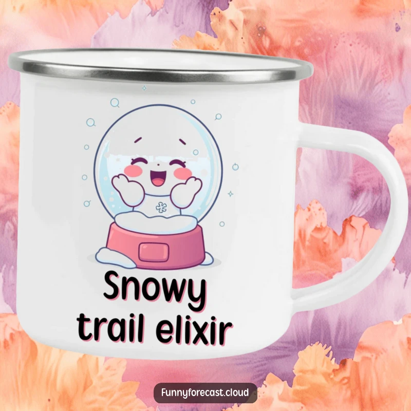 Funny camping mug with a snow globe character shaking vigorously, releasing a flurry of snowflakes with frosty glee, ideal for outdoor fun.