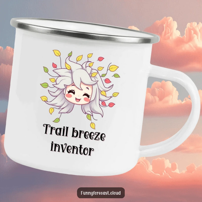 Funny camping mug featuring a smiling wind character blowing a playful cascade of swirling leaves, ideal for outdoor use.