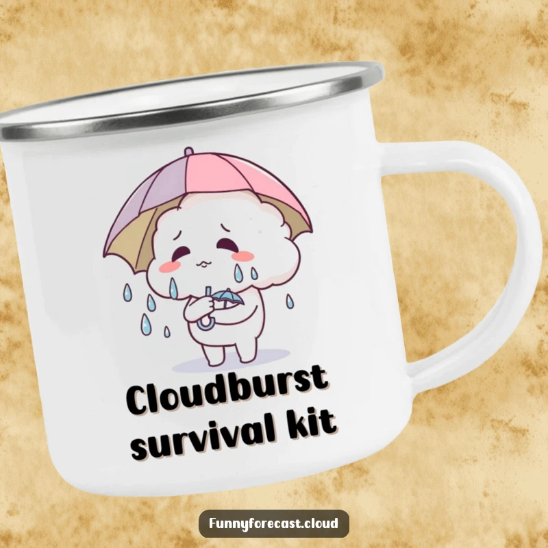 Funny Camping Mug: A cute cloud character sweating under a tiny umbrella, great for outdoor use.