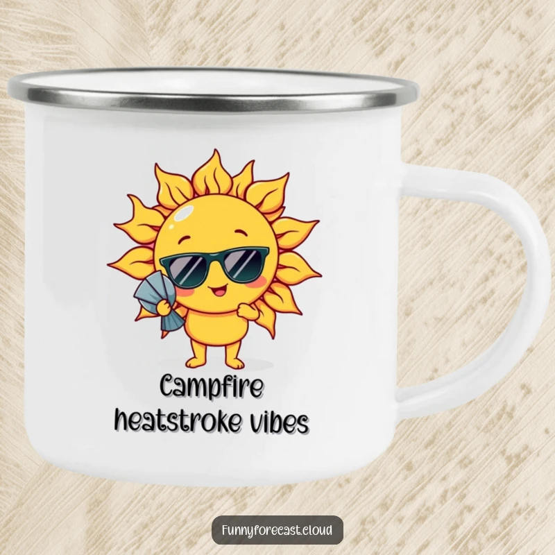 Funny Camping Mug: A sun character in sunglasses comically fanning itself, great for outdoor use.