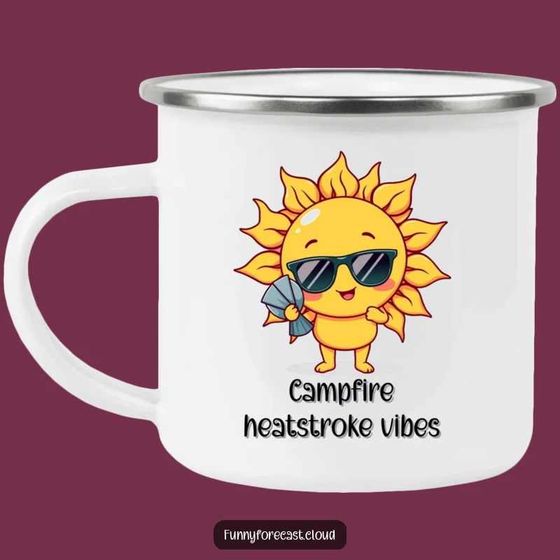 Enjoy your hot drinks outdoors with this funny enamel camping mug showing a sun character fanning itself. Durable and amusing for sunny adventures.