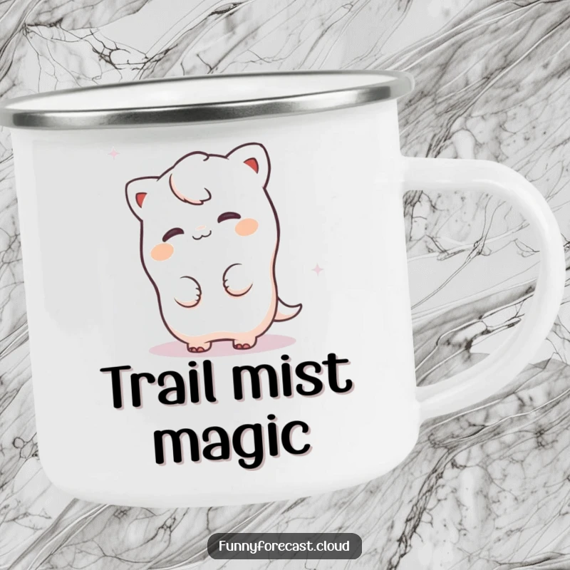 Funny fog character playfully peeking from behind a misty swirl, a durable and humorous camping mug for outdoor enthusiasts.