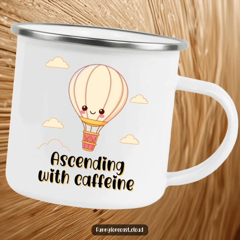 Funny Kawaii Hot Air Balloon Camping Mug showing a character floating in the sky, perfect for beverages on the go.