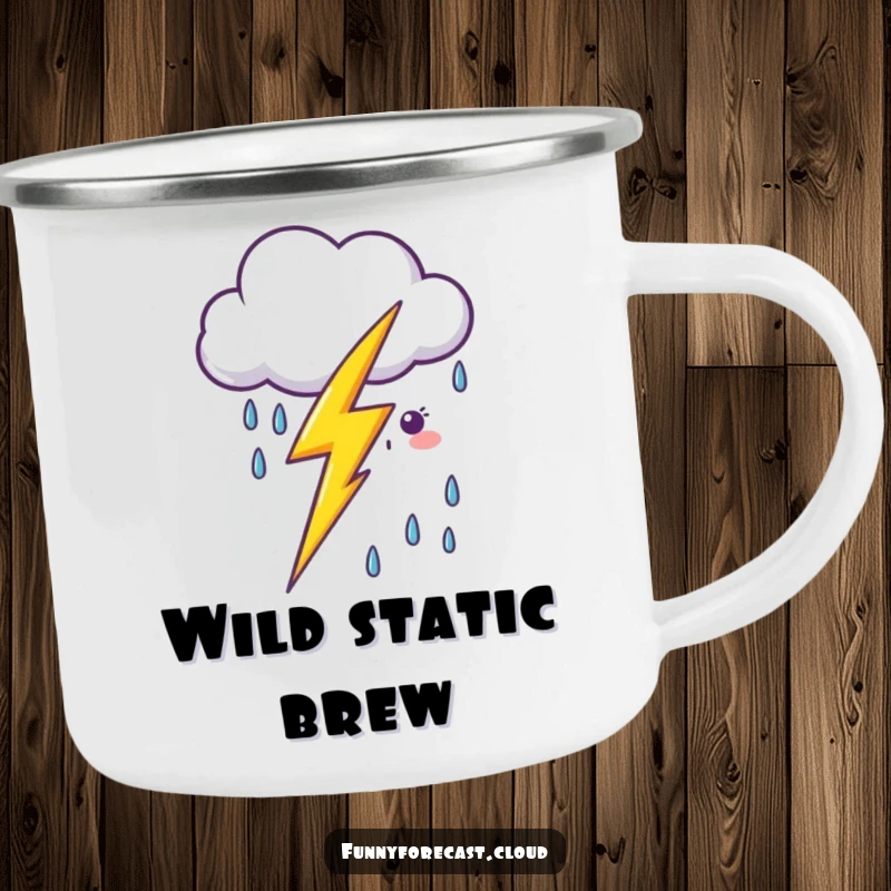 Funny kawaii lightning bolt zapping near a smiling cartoon rain cloud on a rugged camping mug for outdoor enthusiasts.