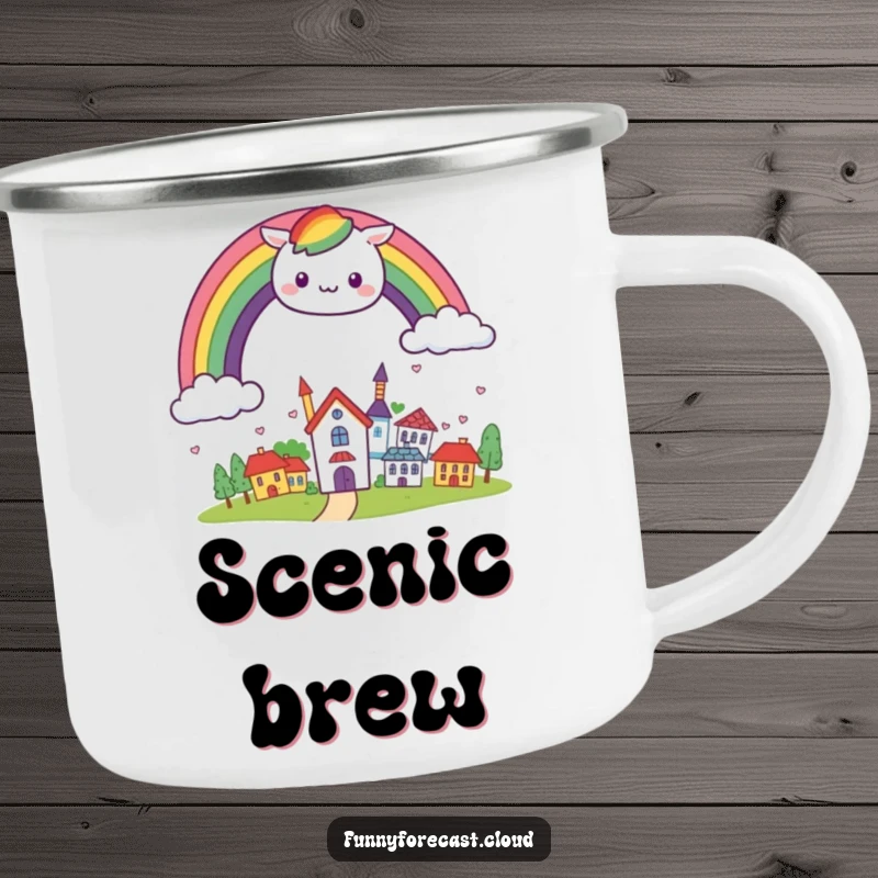 Funny kawaii rainbow arching cheerfully over a small, smiling town on a sturdy camping mug for outdoor enthusiasts.
