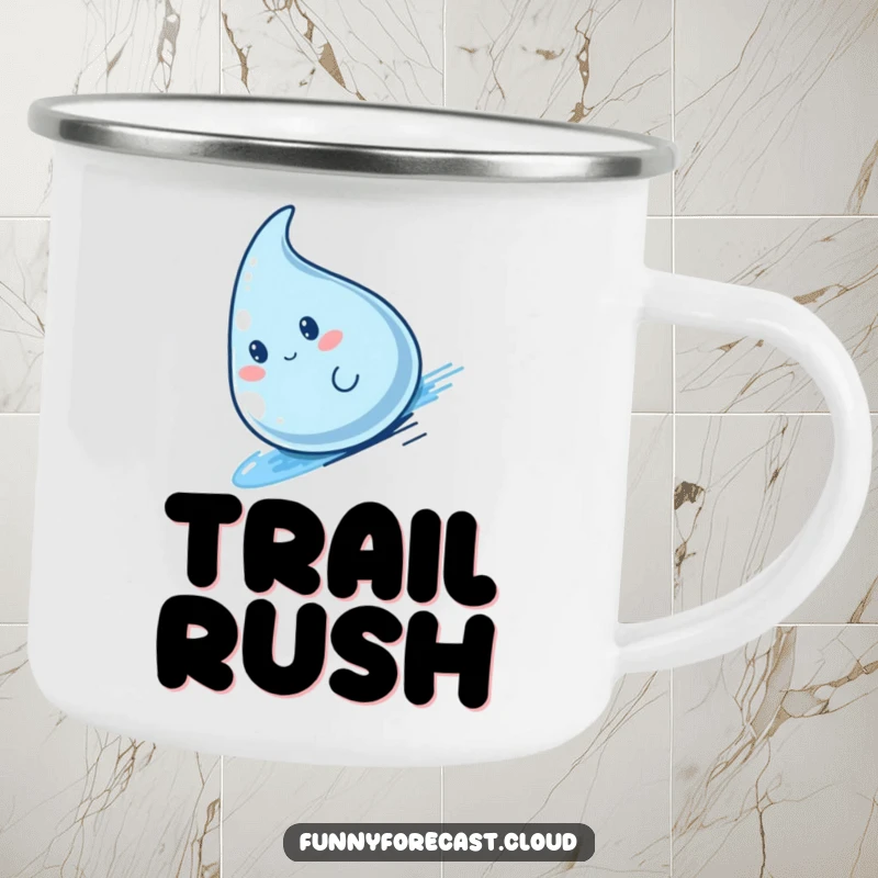 Funny kawaii raindrop character sliding fast, a durable and humorous camping mug.