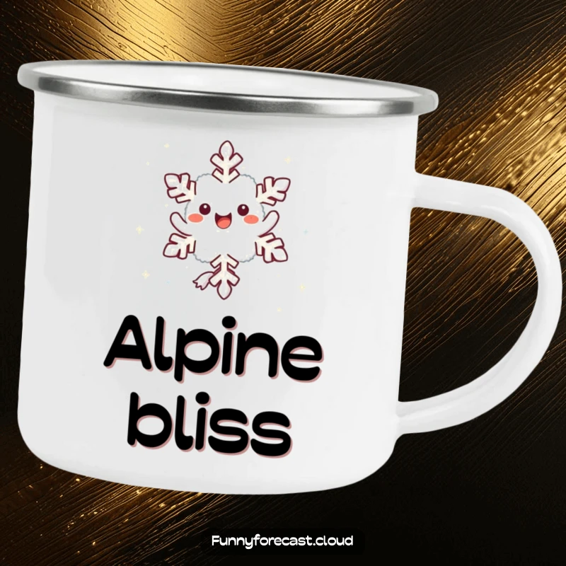 Funny kawaii snowflake character twirling, a durable and humorous camping mug.