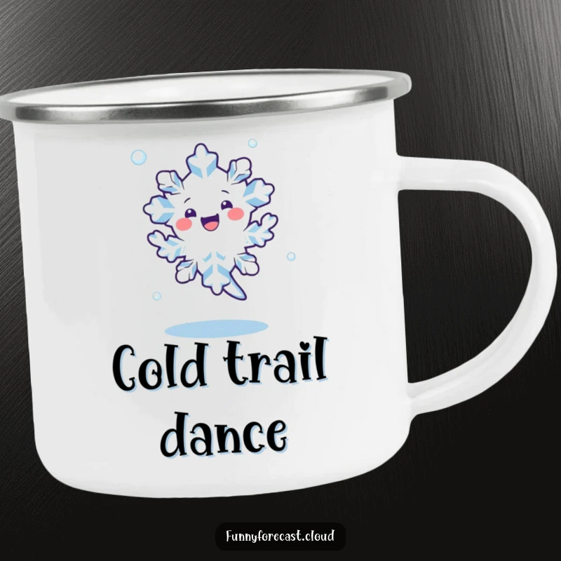 Funny kawaii snowflake character doing a happy dance, spinning in the air, on a sturdy camping mug.