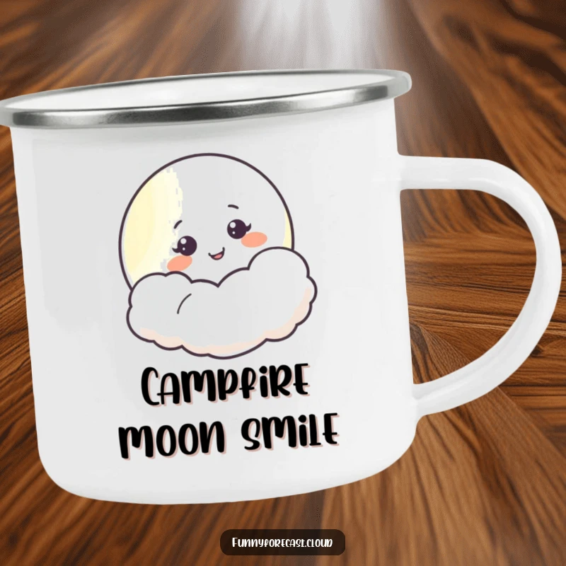 Funny moon smiling from behind a fluffy cloud, a whimsical and humorous camping mug for starry nights.