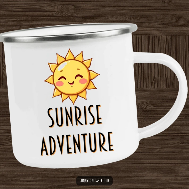 Funny cute kawaii sun character winking, casting a beam of light. A humorous and rugged camping mug.