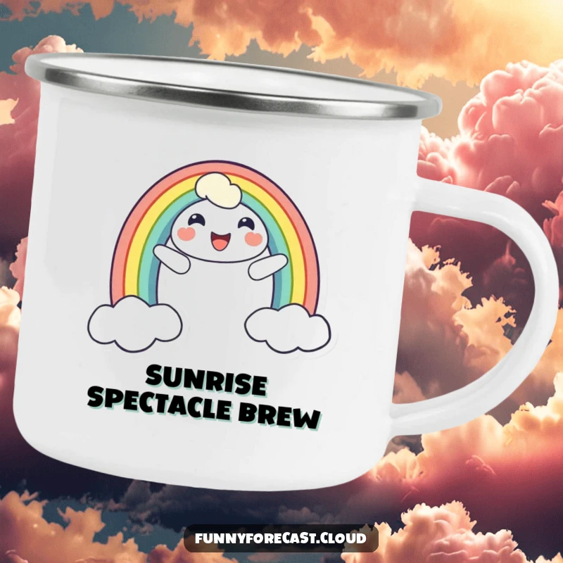 Funny camping mug featuring a smiling rainbow character, perfect for outdoor adventures with a dose of bright and cheerful humor.