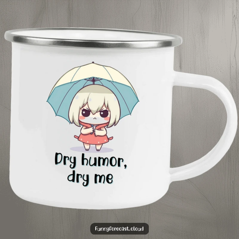 Funny Smug Umbrella Camping Mug with a character looking dry and smug under an umbrella, a humorous and durable mug.