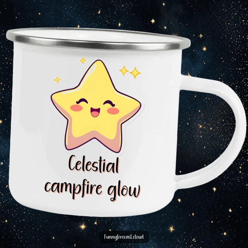 Funny star character twinkling with an excited sparkle, a durable and humorous camping mug for outdoor enthusiasts.