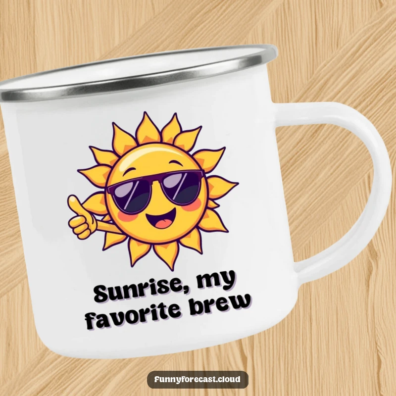 Funny enamel camping mug featuring a cheerful sun character with sunglasses giving a thumbs-up, great for outdoor fun and funny gifts.