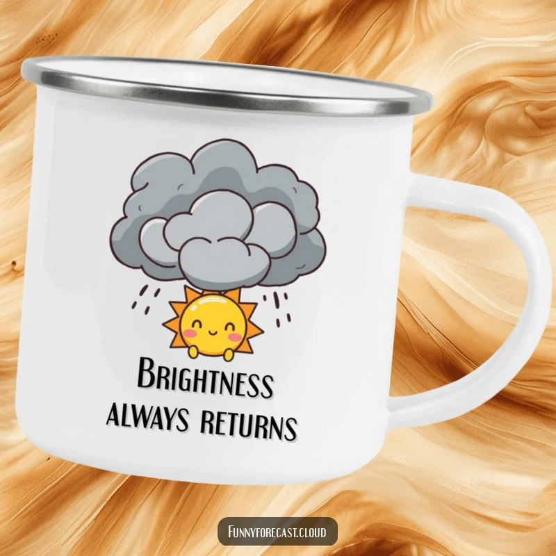 Funny Sun and Storm Cloud Camping Mug with a sun peeking from a storm cloud, a hopeful and durable mug.